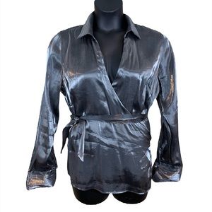 Ashley Stewart Metallic silver gray wrap blouse, Size 14